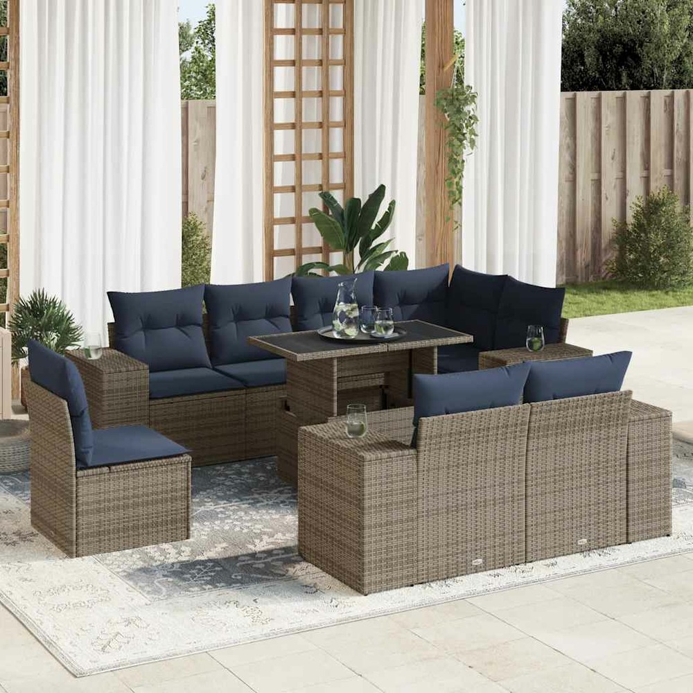 Salon de jardin avec coussins 9 pcs gris résine tressée acacia