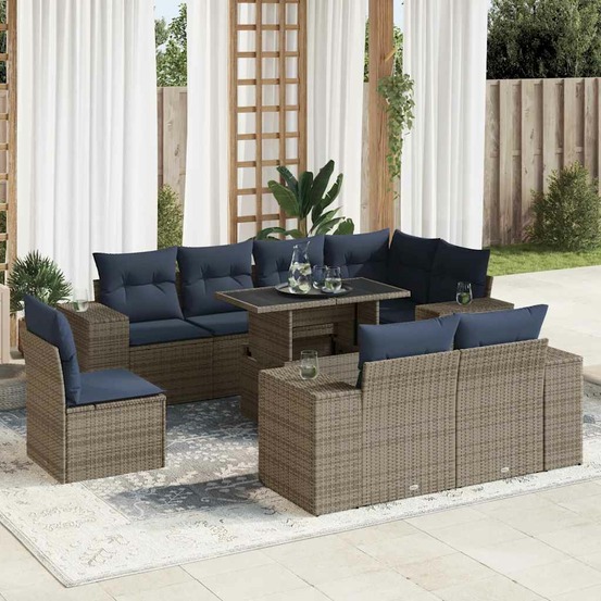 Salon de jardin avec coussins 9 pcs gris résine tressée acacia