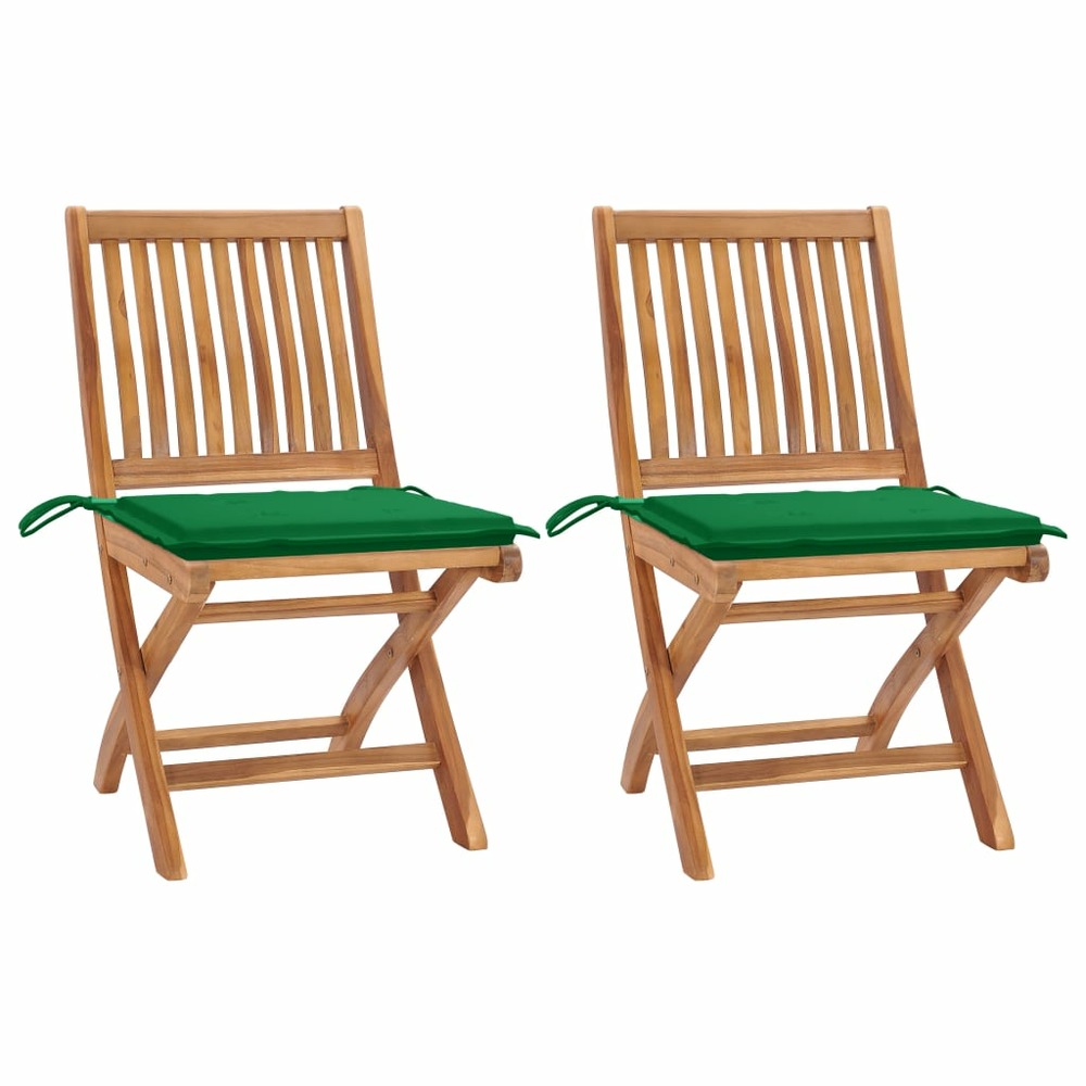 Chaises de jardin lot de 2 et coussins vert bois de teck massif