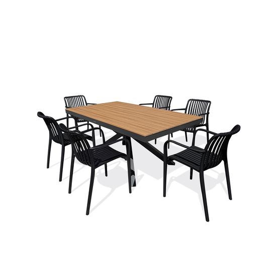 Lot composé d'une table de jardin lamu (180x100 cm) en aluminium et plateau polywood aspect bois