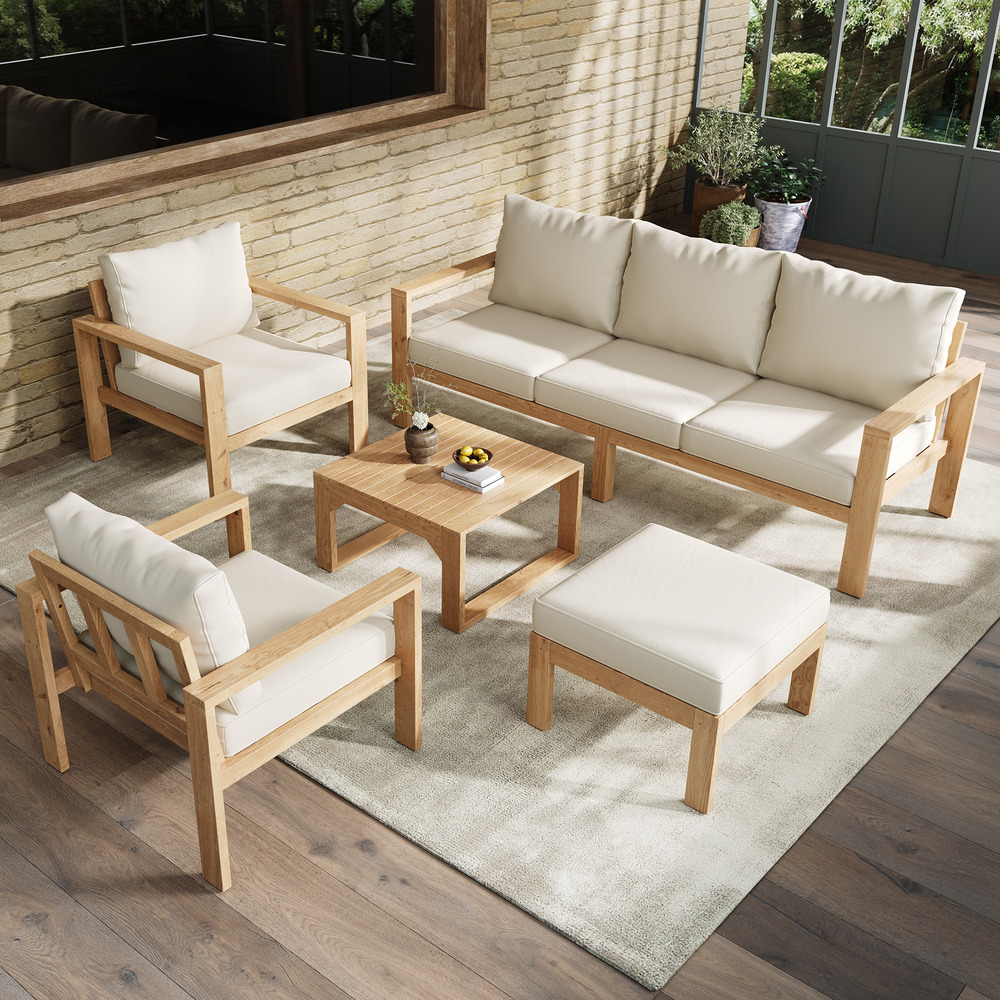 Mobilier jardin 4-6 pers: acacia, table 3 pers +2 chaises + repose-pieds + table basse, crème naturel