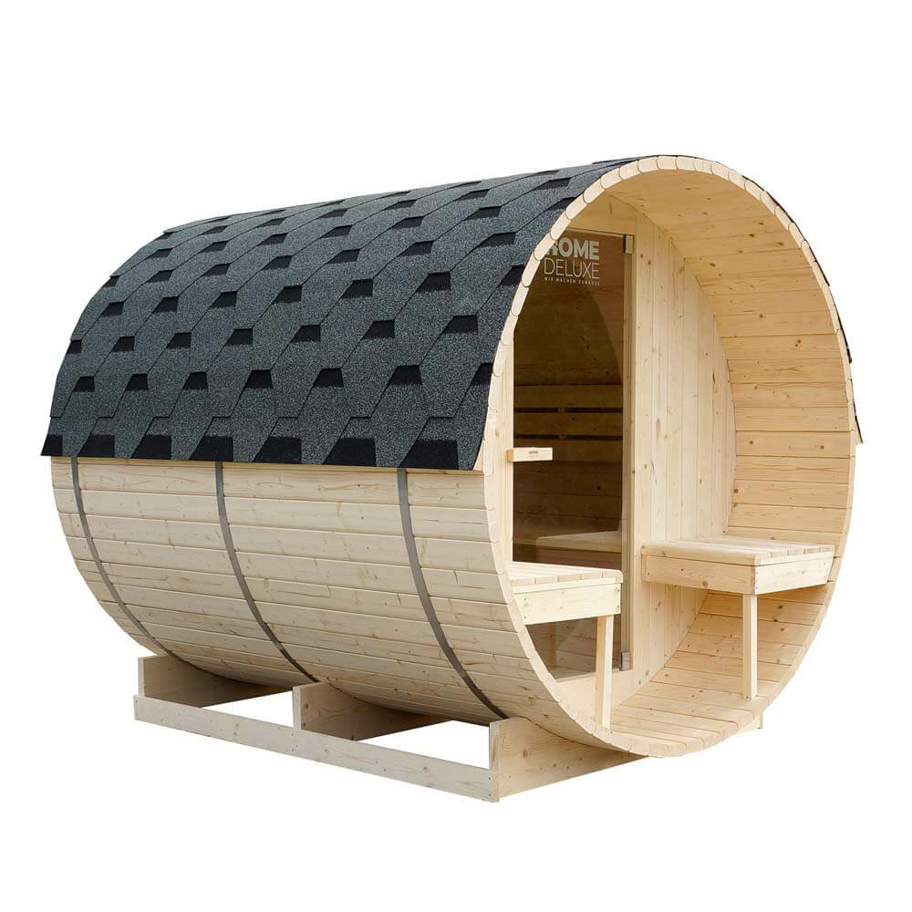 Home deluxe - sauna extérieur en tonneau lahti deluxe l - dimensions : env. 195 cm x 192 cm x 220 cm, bois : épicéa - avec poêle et