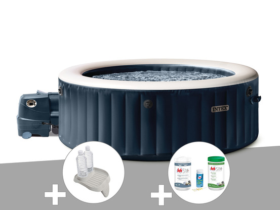 Kit spa gonflable purespa blue navy rond bulles 6 places + porte-verre + kit de