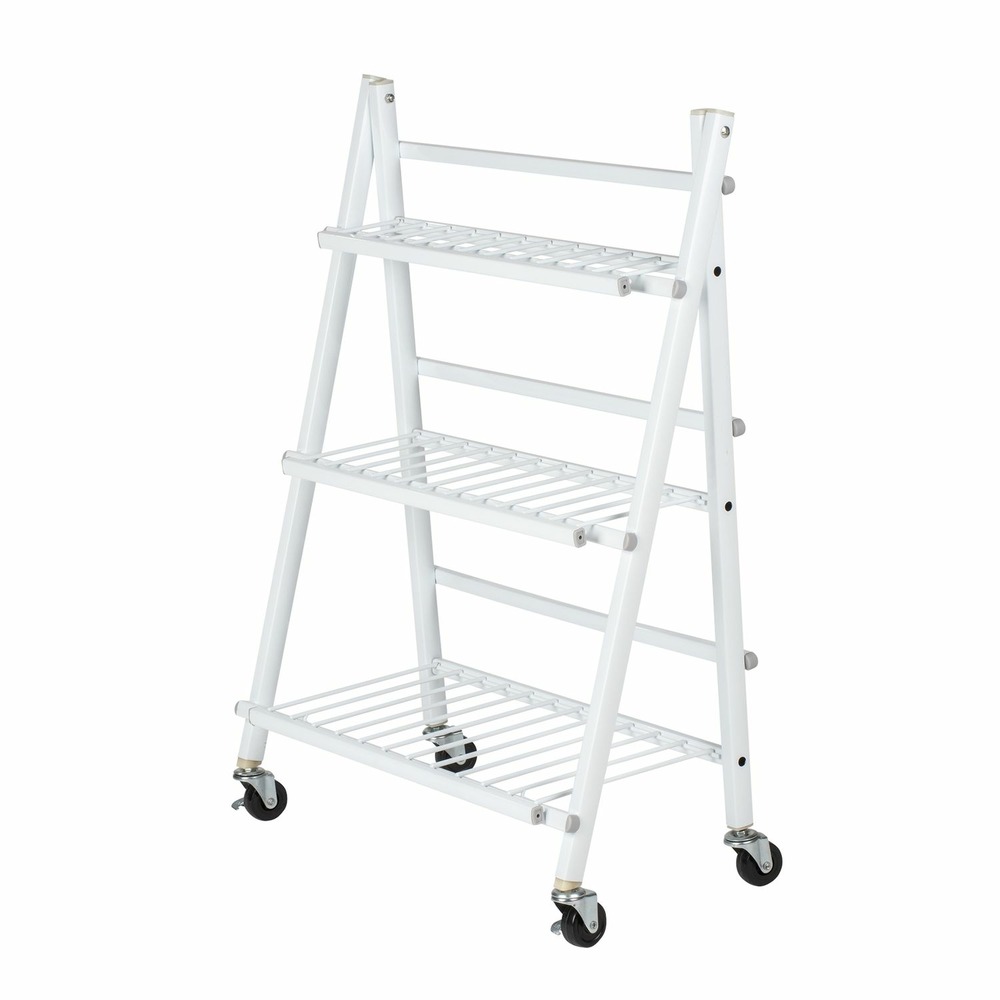 Escalier pliables pour fleurs et plantes avec 4 roues - en métal - blanc