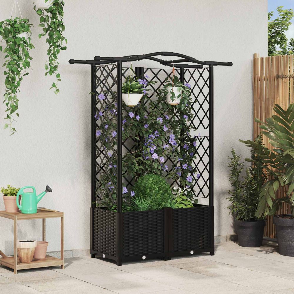 Jardinière surélevée polypropylène avec toit courbé et treillis plantes grimpantes noir