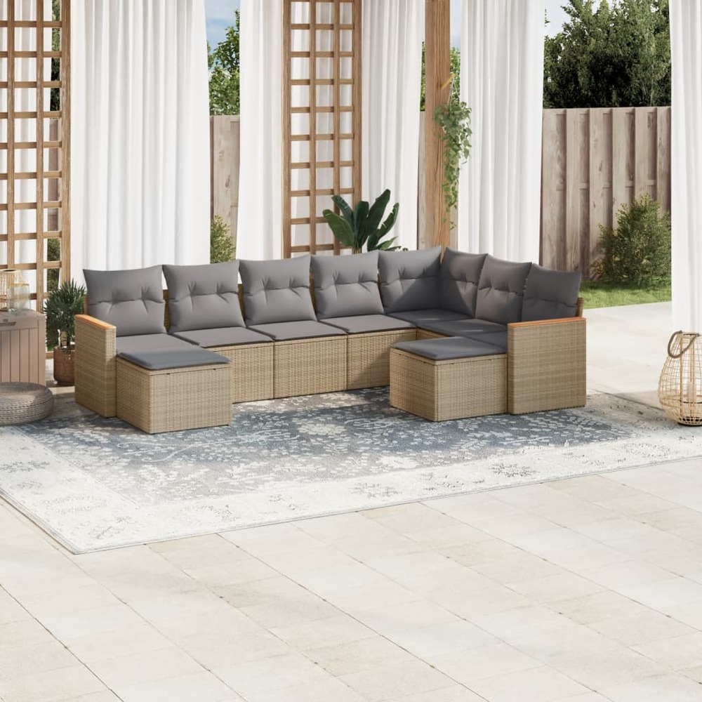 Salon de jardin avec coussins 9 pcs beige résine tressée