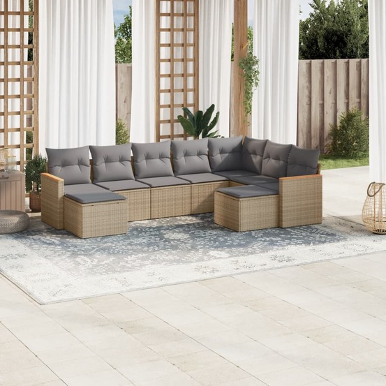 Salon de jardin avec coussins 9 pcs beige résine tressée