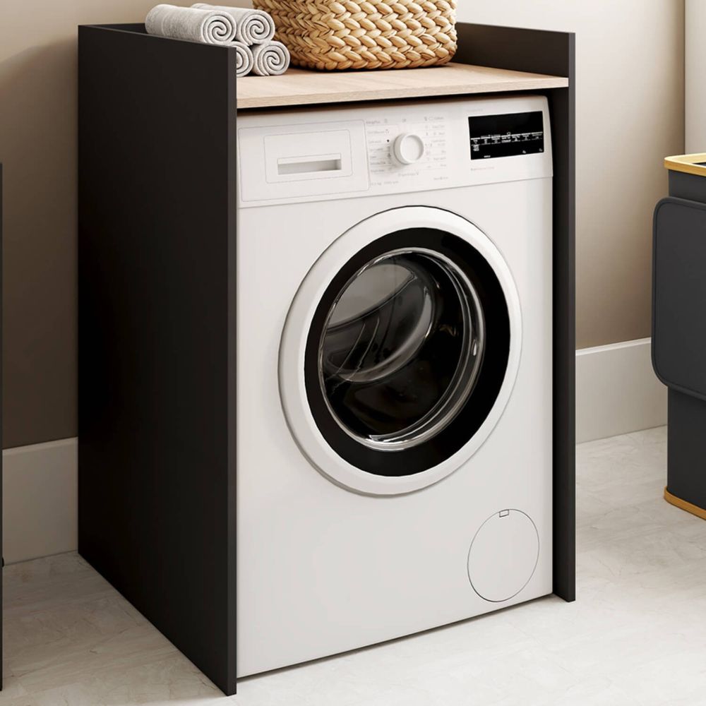 Meuble armoire pour machine à laver ou sèche linge wallis noir et hêtre