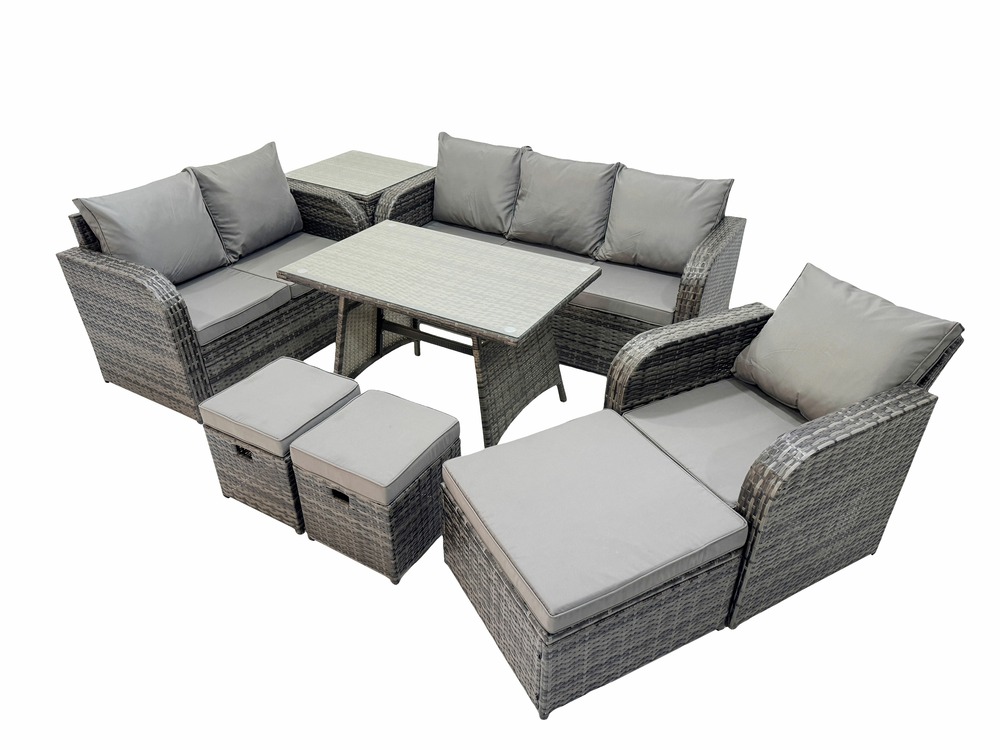 9 places salon de jardin exterieur ensemble de canapés en rotin avec table à manger 3 tabourets table d'appoint gris foncé mixte