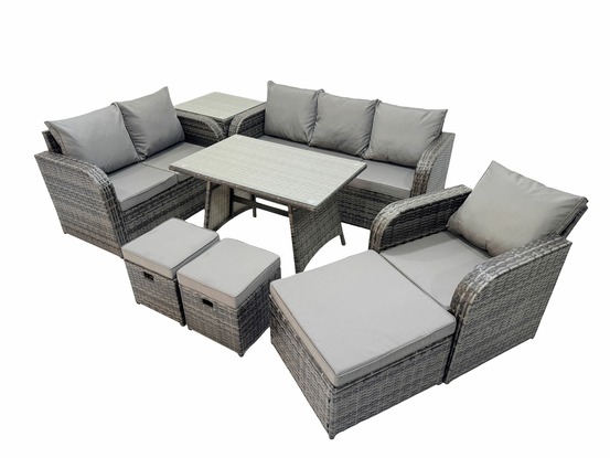 9 places salon de jardin exterieur ensemble de canapés en rotin avec table à manger 3 tabourets table d'appoint gris foncé mixte