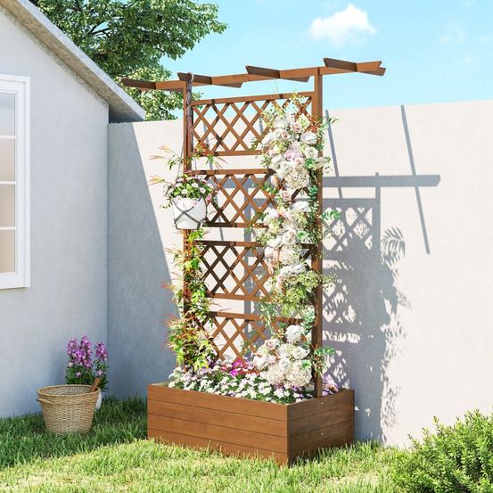 Jardinière avec treillis bois sapin extérieur plantes grimpantes support pots 160x183cm