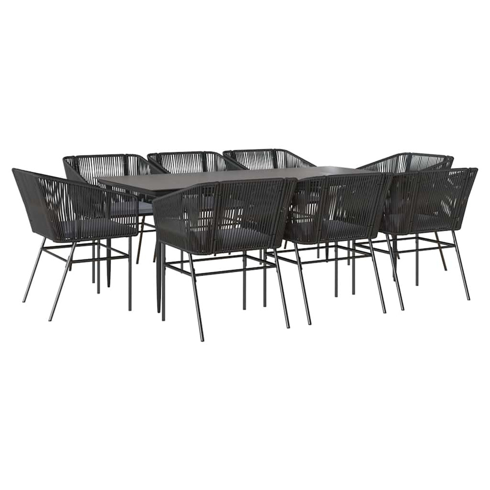 Ensemble à manger de jardin coussins 9pcs noir poly rotin verre
