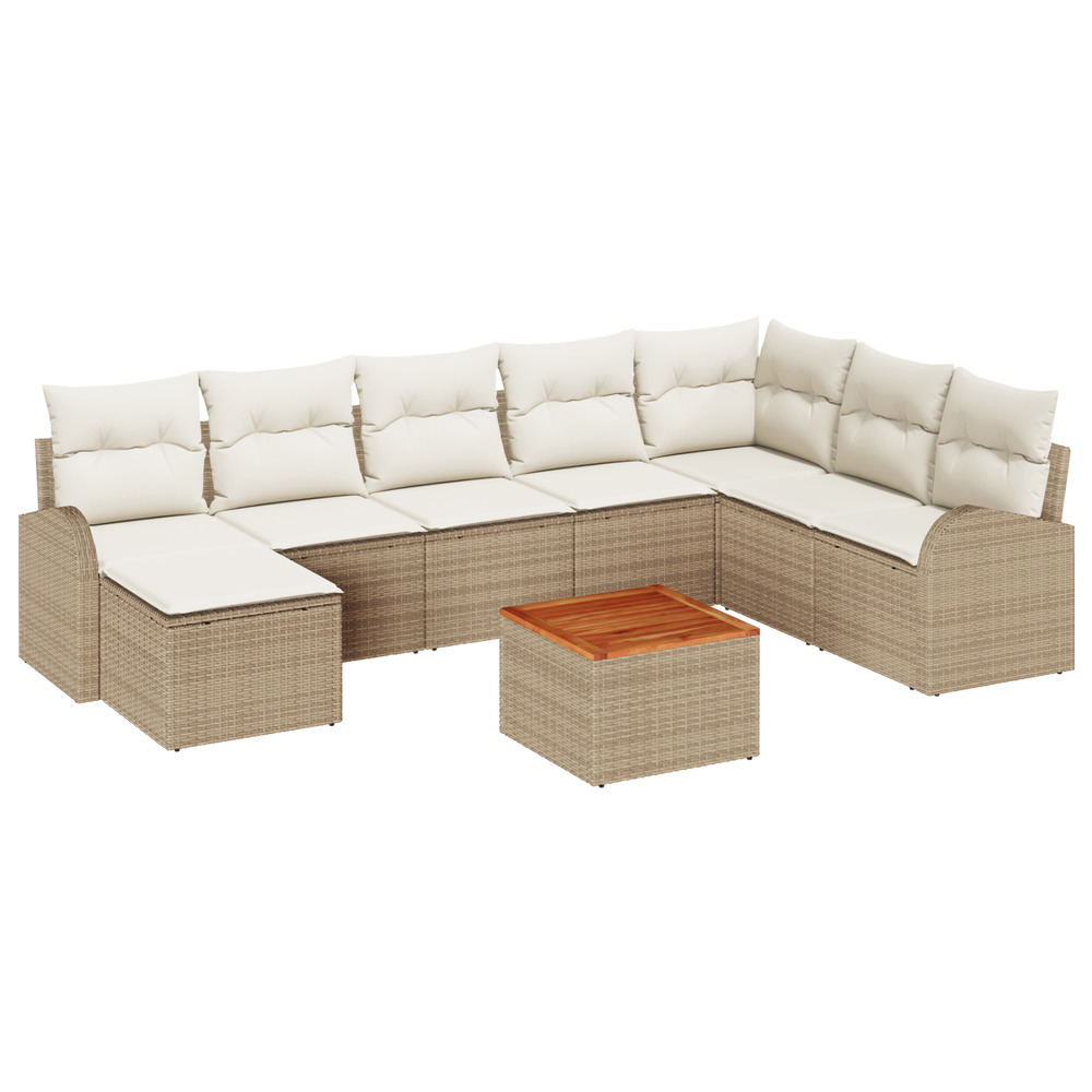Set de canapé jardin 9 pièces avec coussins beige poly rotin acacia