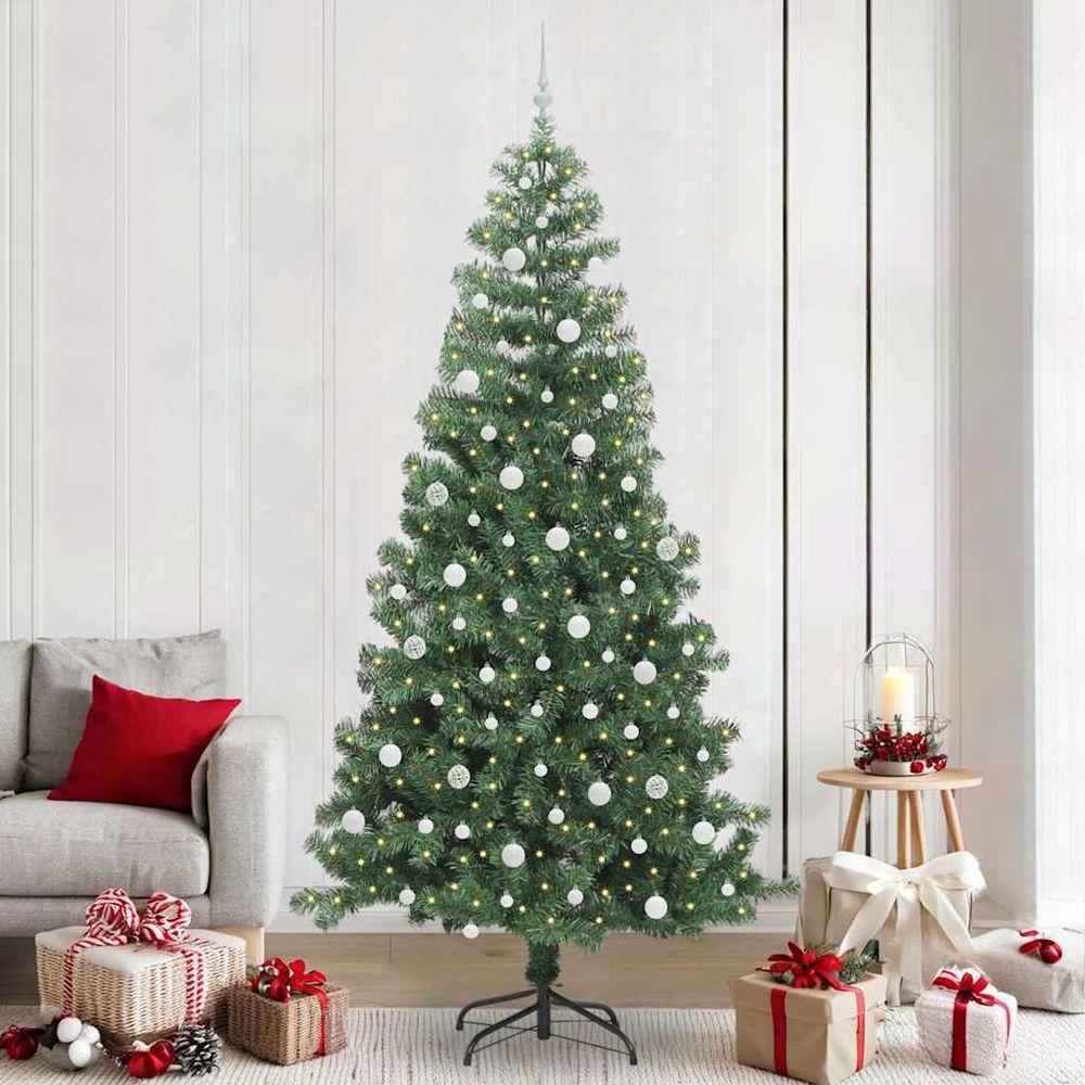 Sapin artificiel conique haut de 240 cm, pvc vert, guirlande 300 led et kit déco complet fourni