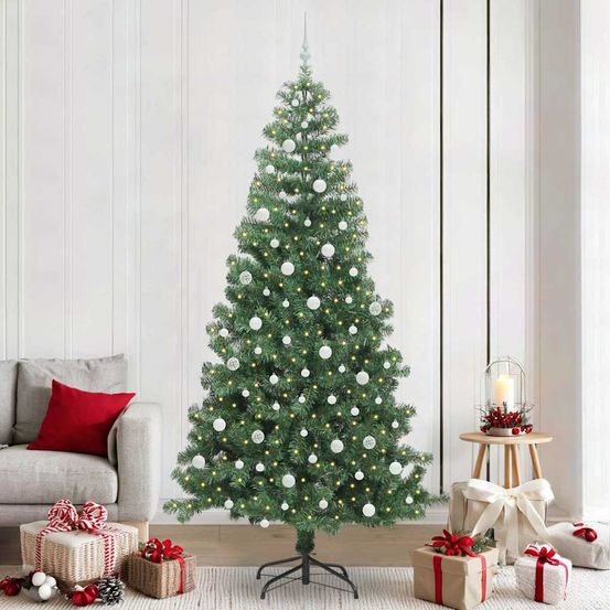 Sapin artificiel conique haut de 240 cm, pvc vert, guirlande 300 led et kit déco complet fourni