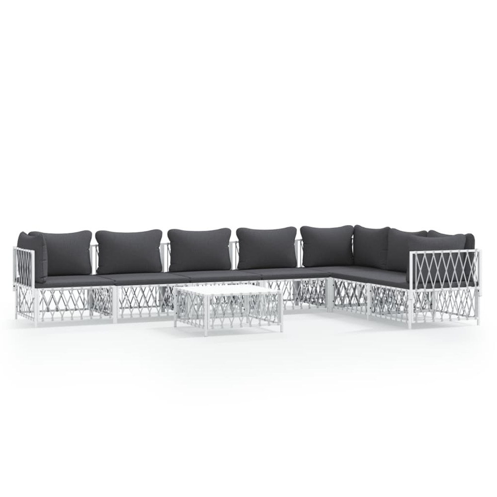 Salon de jardin 8 pcs avec coussins blanc acier
