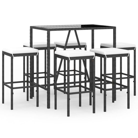 Ensemble de bar de jardin 7 pcs avec coussins noir poly rotin