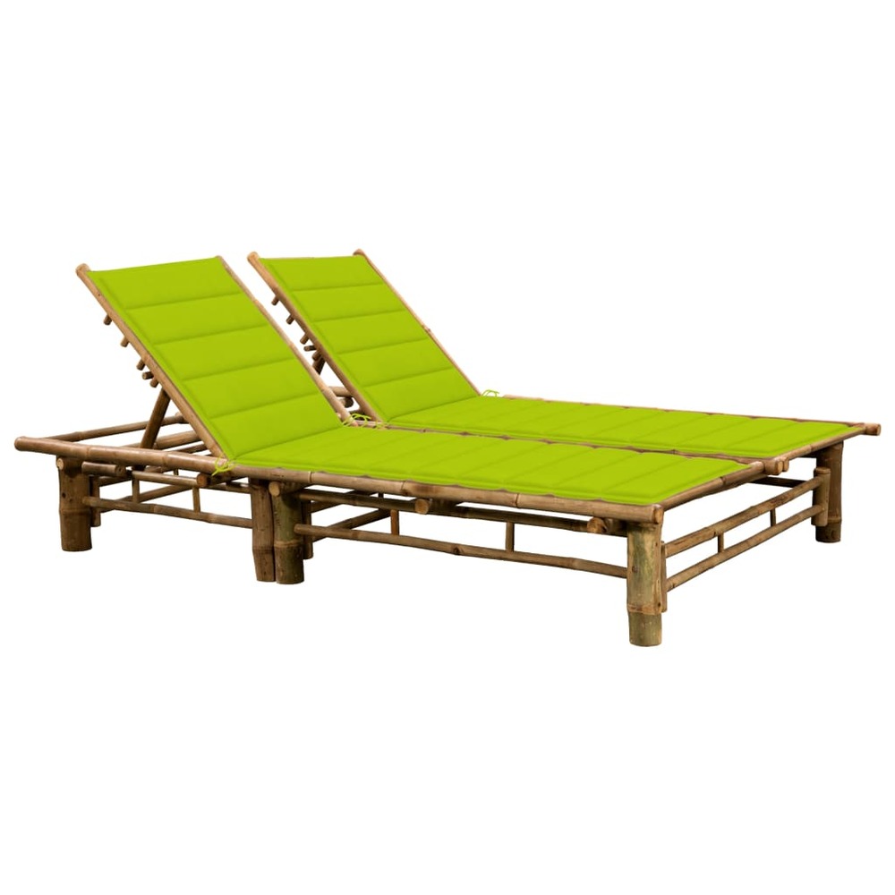 Transat chaise longue bain de soleil lit de jardin terrasse meuble d'extérieur pour 2 personnes avec coussins bambou 02_00129