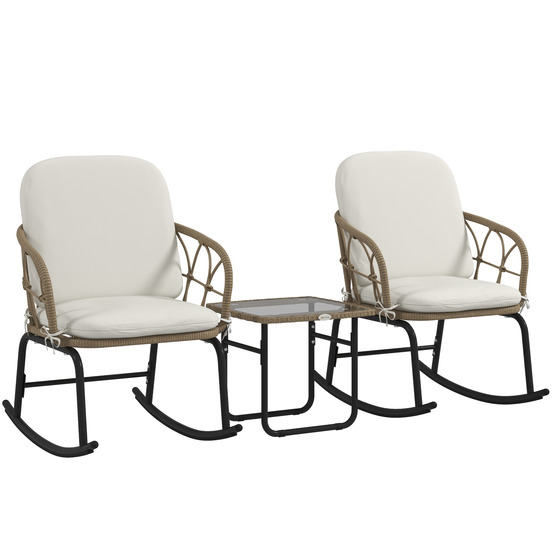 Ensemble de 3 pièces en rotin, comprenant 2 fauteuils à bascule et 1 table basse, avec coussins, pour terrasse ou balcon.