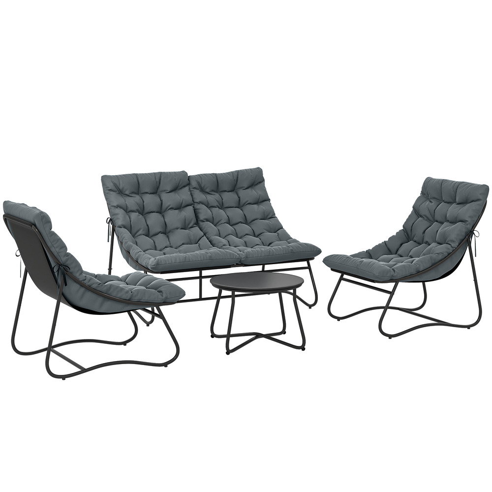 Mobilier de jardin 4 places : 2 fauteuils + canapé double + table, épais coussins, cadre acier, gris