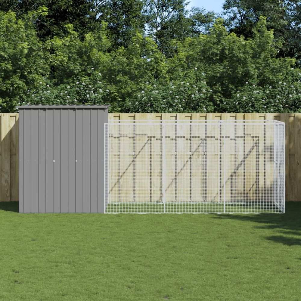 Chenil extérieur acier galvanisé avec enclos jardin gris clair 165x455x181 cm