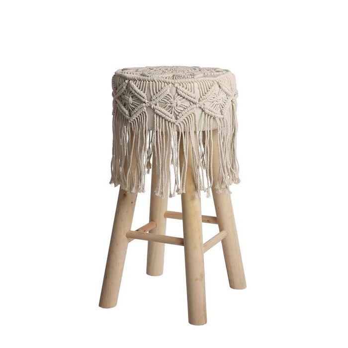 Atmosphera Tabouret Macramé & Bois - Pouf Style Indien Boho - Diamètre 32 Cm Hauteur 42 Cm - Déco Naturelle Et Confortable