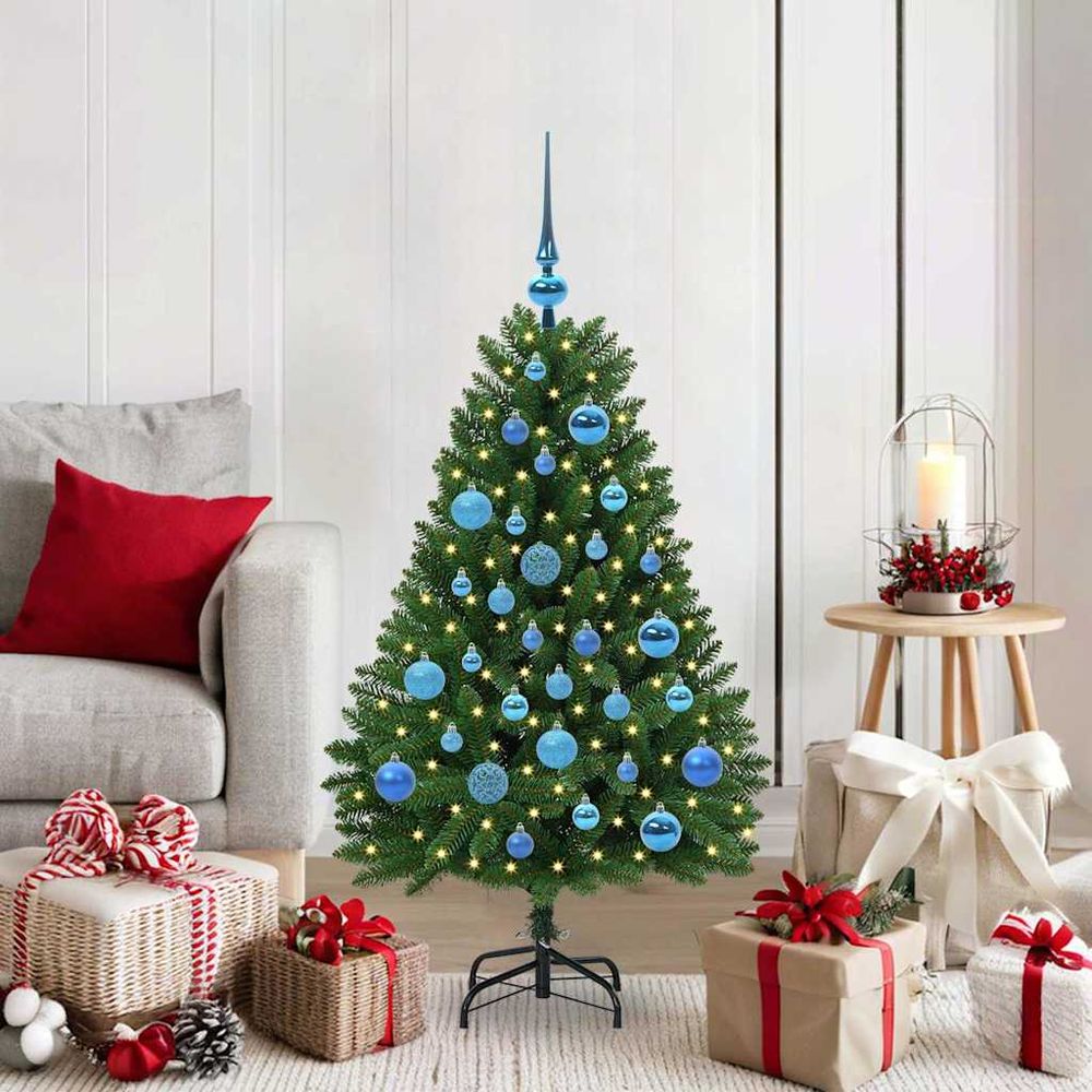 Sapin de noël artificiel 120 cm, kit complet avec guirlande led blanc chaud et 61 boules