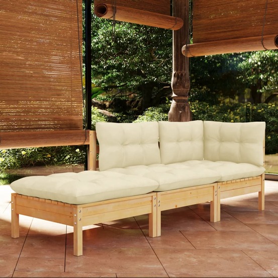 Salon de jardin 3 pcs avec coussins crème bois de pin massif