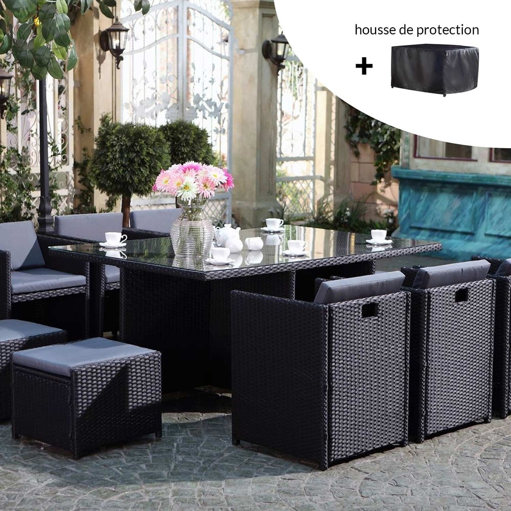 Miami - salon de jardin 10 places noir-gris + housse de protection miami