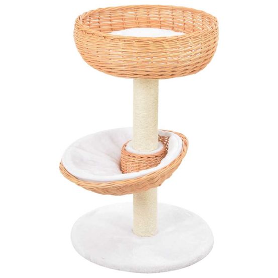 Arbre à chat artisanal 68 cm en bois de saule et sisal avec 2 paniers et coussins