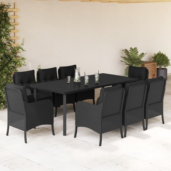 Ensemble à manger de jardin 9pcs coussins noir résine tressée