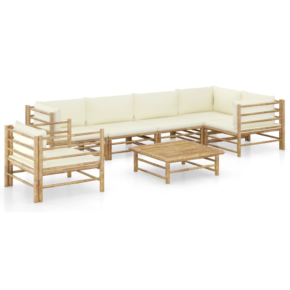 Salon de jardin meuble d'extérieur ensemble de mobilier 7 pièces avec coussins blanc crème bambou