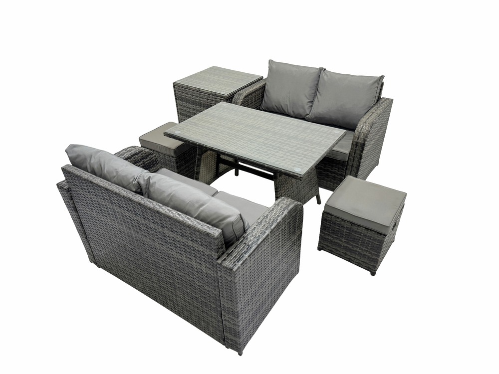 Ensemble de meubles de jardin en polyrotin 6 pièces avec table à manger canapé d'amour 2 petits tabourets table d'appoint