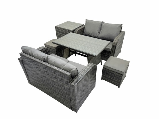 Ensemble de meubles de jardin en polyrotin 6 pièces avec table à manger canapé d'amour 2 petits tabourets table d'appoint