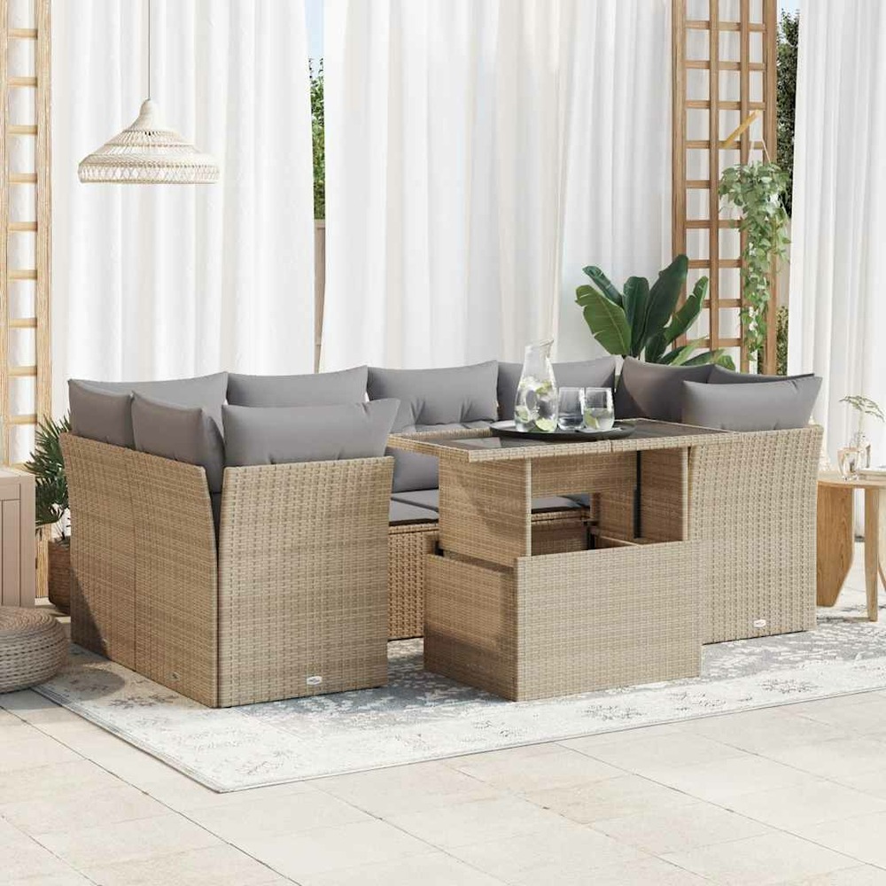 Salon de jardin avec coussins 7 pcs beige résine tressée