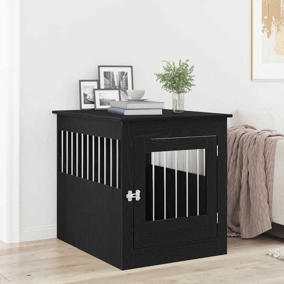 Meuble cage chien 2-en-1 bois acier table d'appoint intérieur chêne noir 71cm