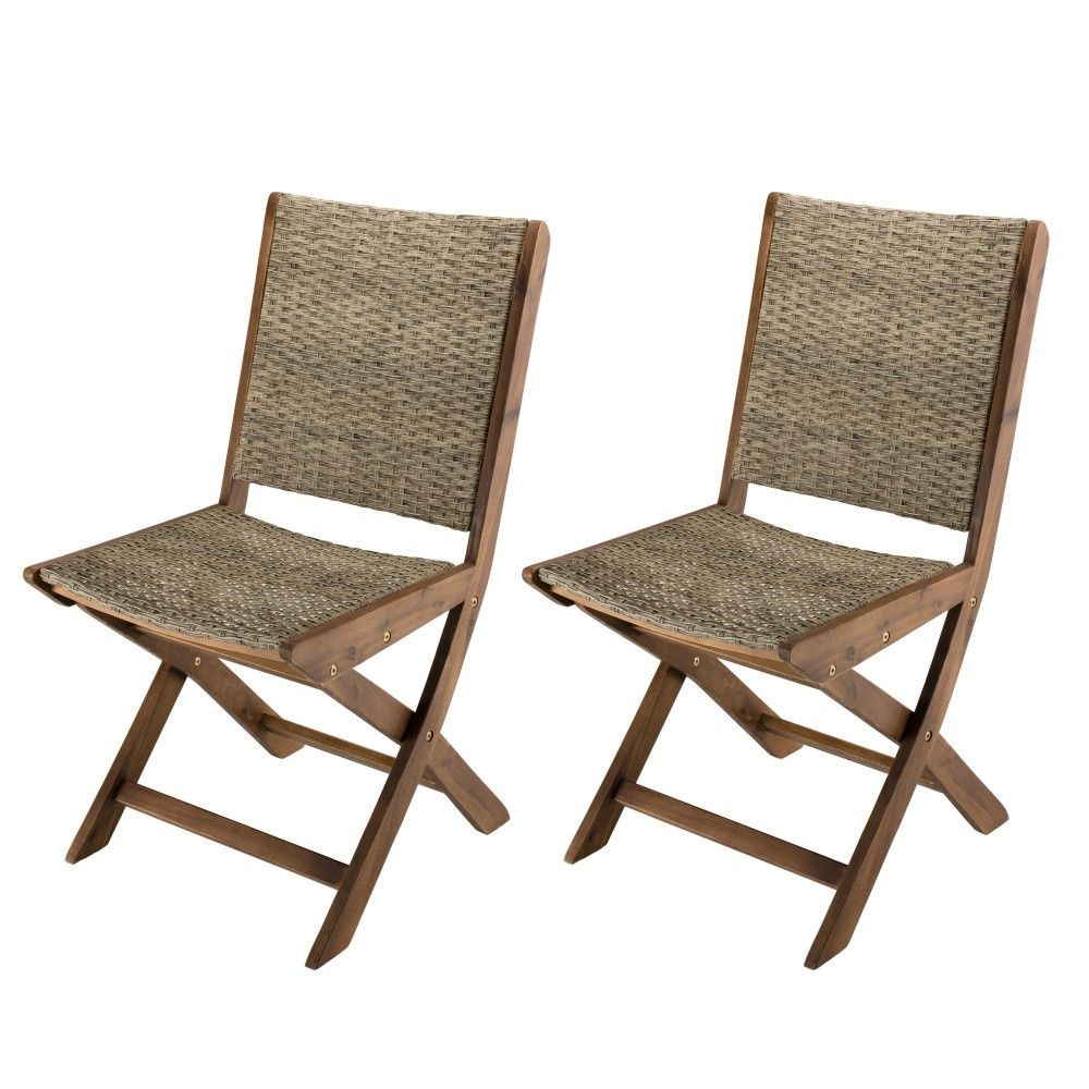 Ensemble de 2 chaises jardin en acacia et rotin synthétique