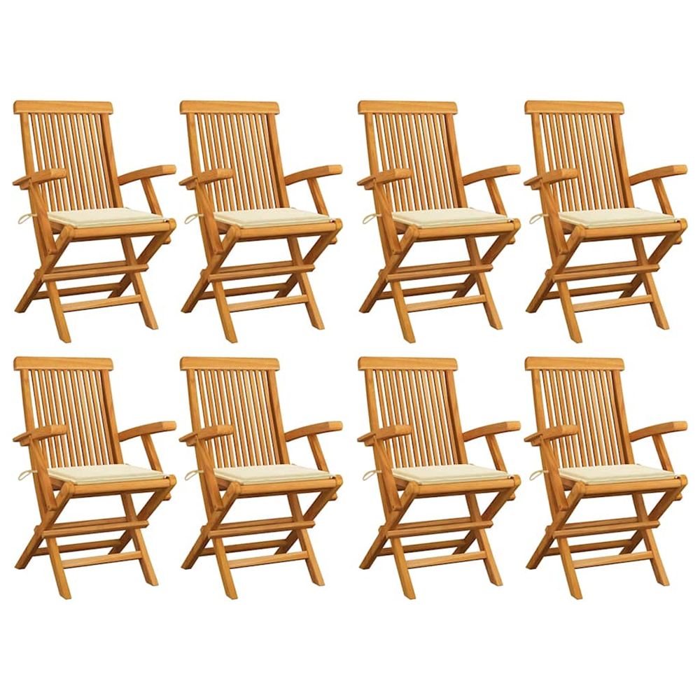 Chaises pliantes avec coussins crème, 8 pièces, en bois de teck massif
