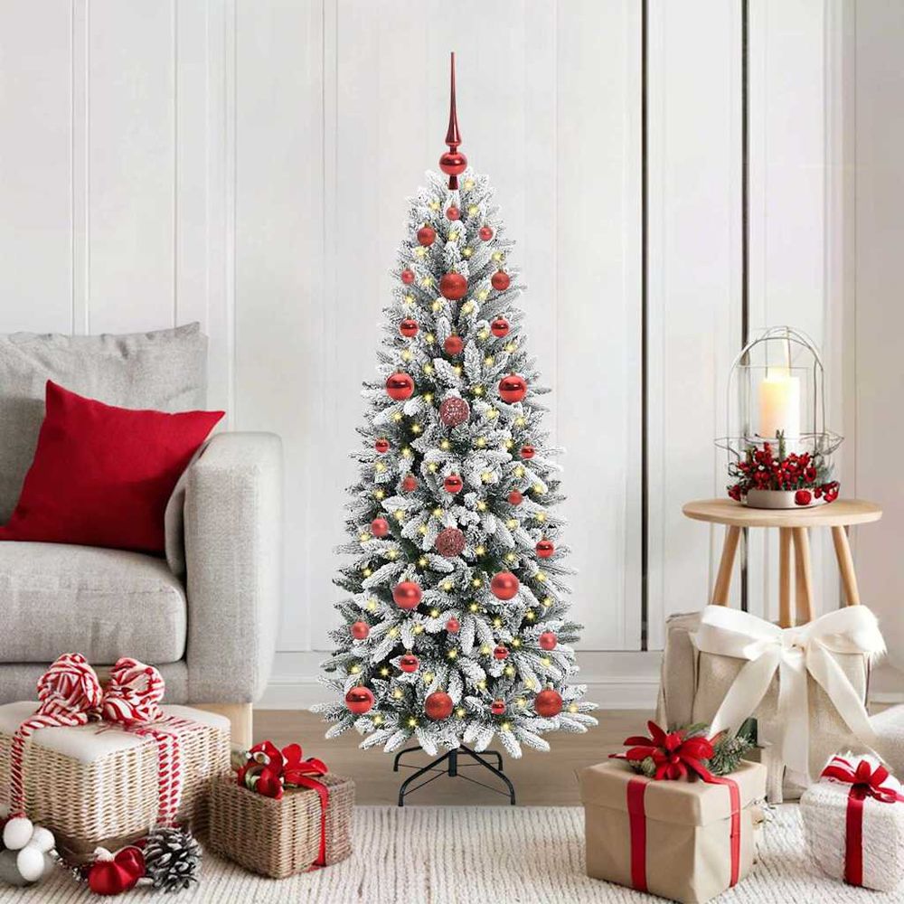 Sapin de noël blanc effet neige 1.20m, kit tout inclus avec guirlande led intégrée