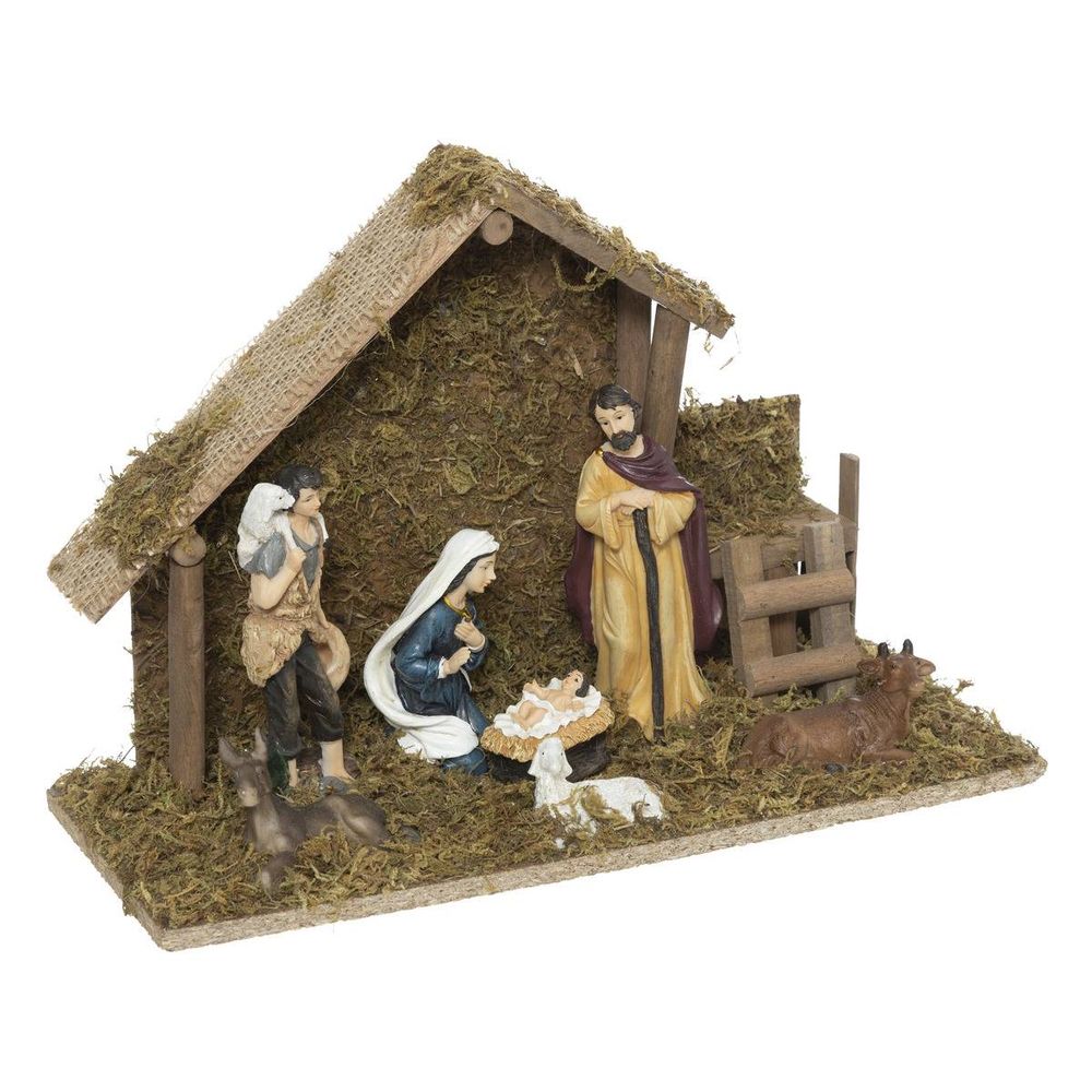 Crèche de noël à led avec 7 santons 30x20cm résine et bois