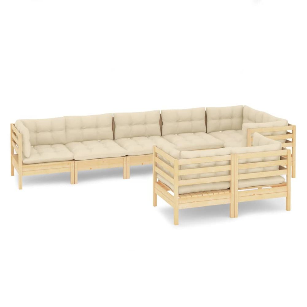 Salon de jardin 8 pcs avec coussins crème bois de pin massif