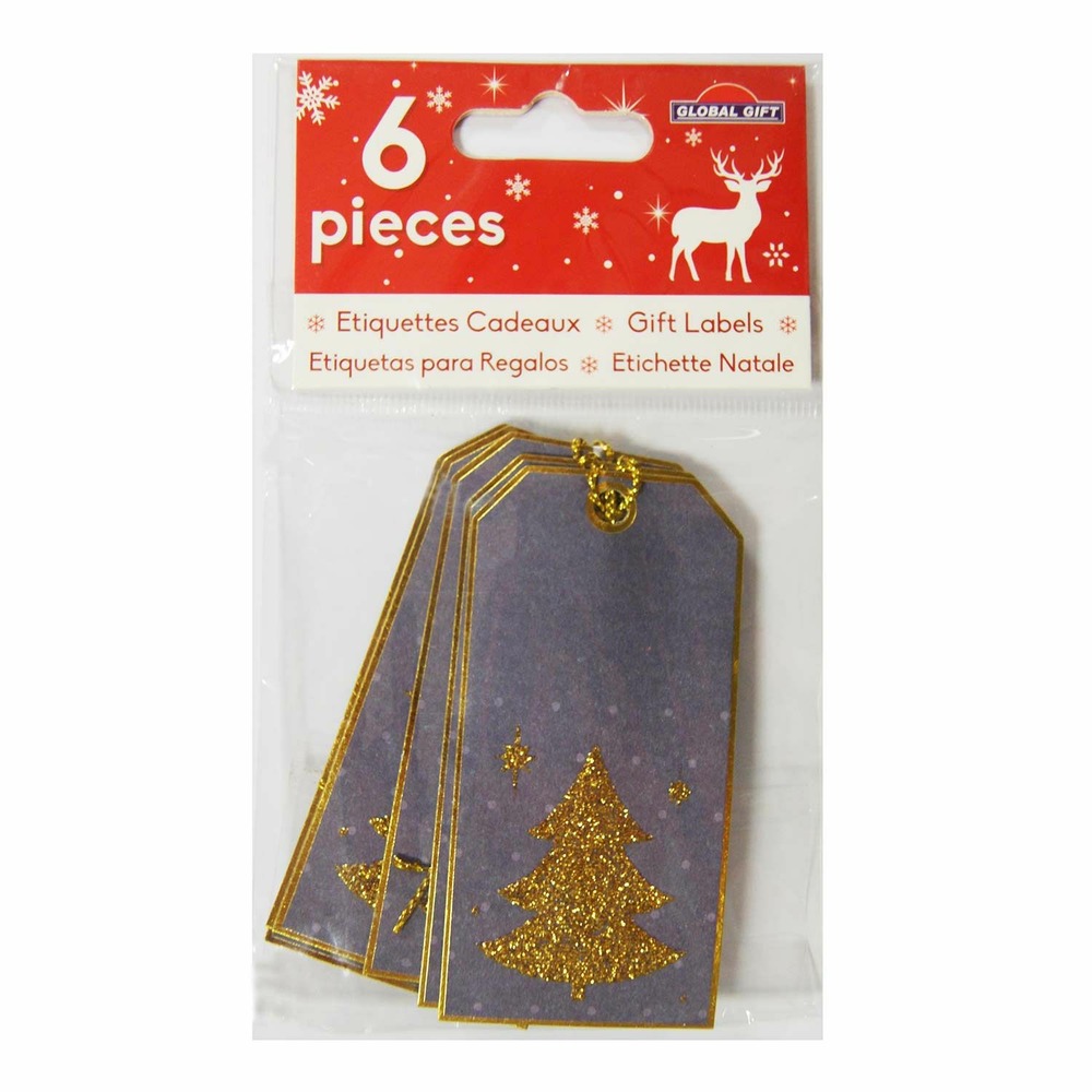 6 étiquettes cadeaux - sapin de noël à paillettes dorées
