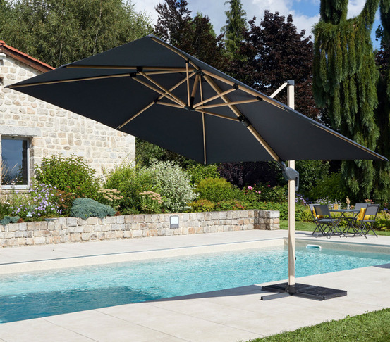 Parasol déporté 3x3m double inclinaison - effet bois - gris anthracite - emeraude