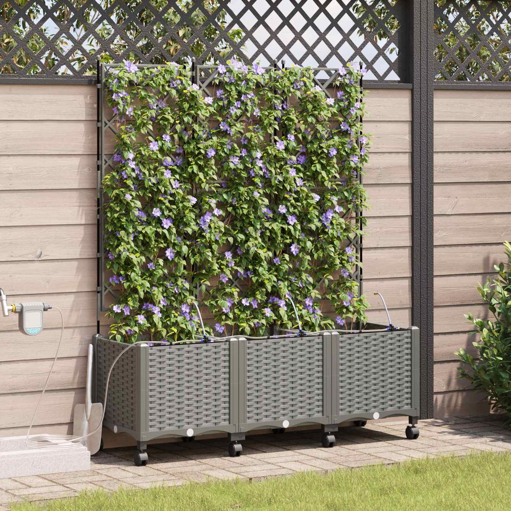 Lot 3 bacs à fleurs treillis polypropylène terrasse irrigation sur roues 120cm gris