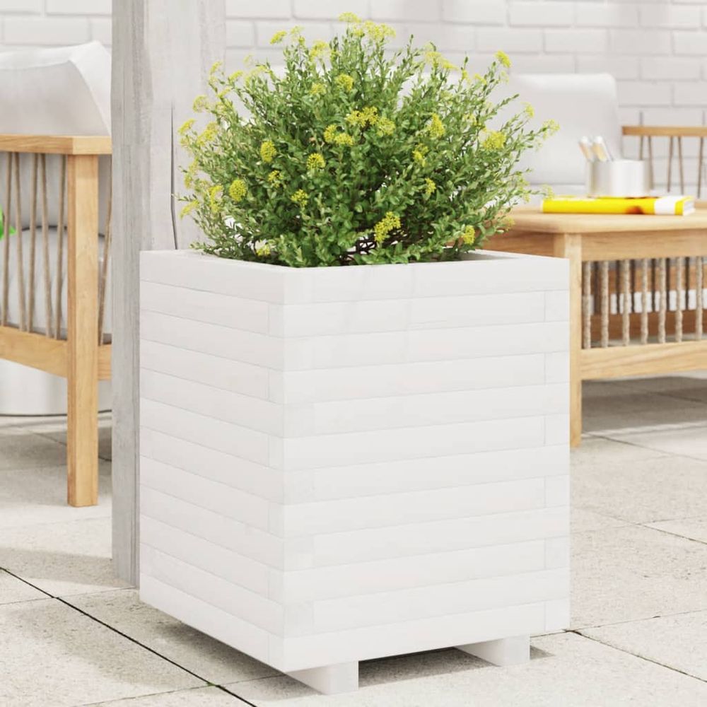 Pot de fleurs carré en bois de pin massif pour balcon terrasse blanc 40cm