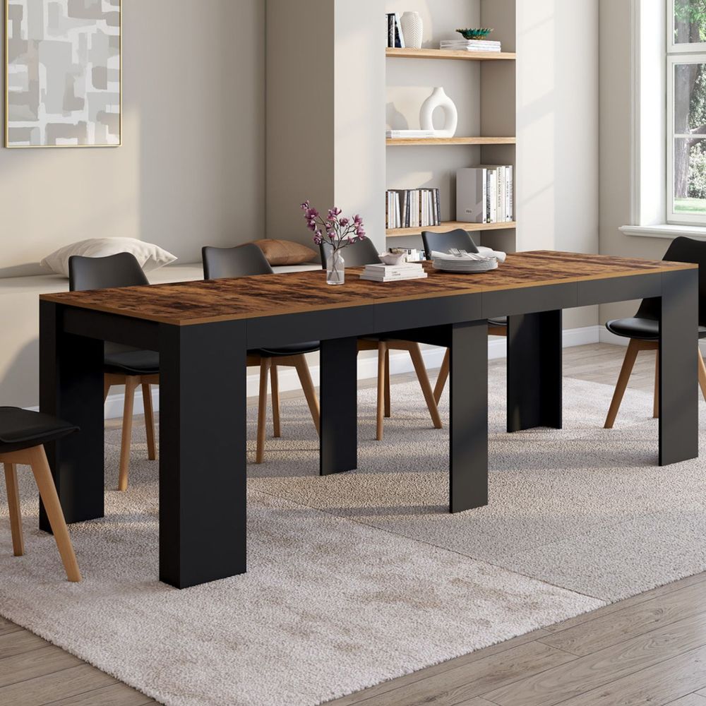 Table console extensible orlando 10 personnes 235 cm bois effet vieilli et noir