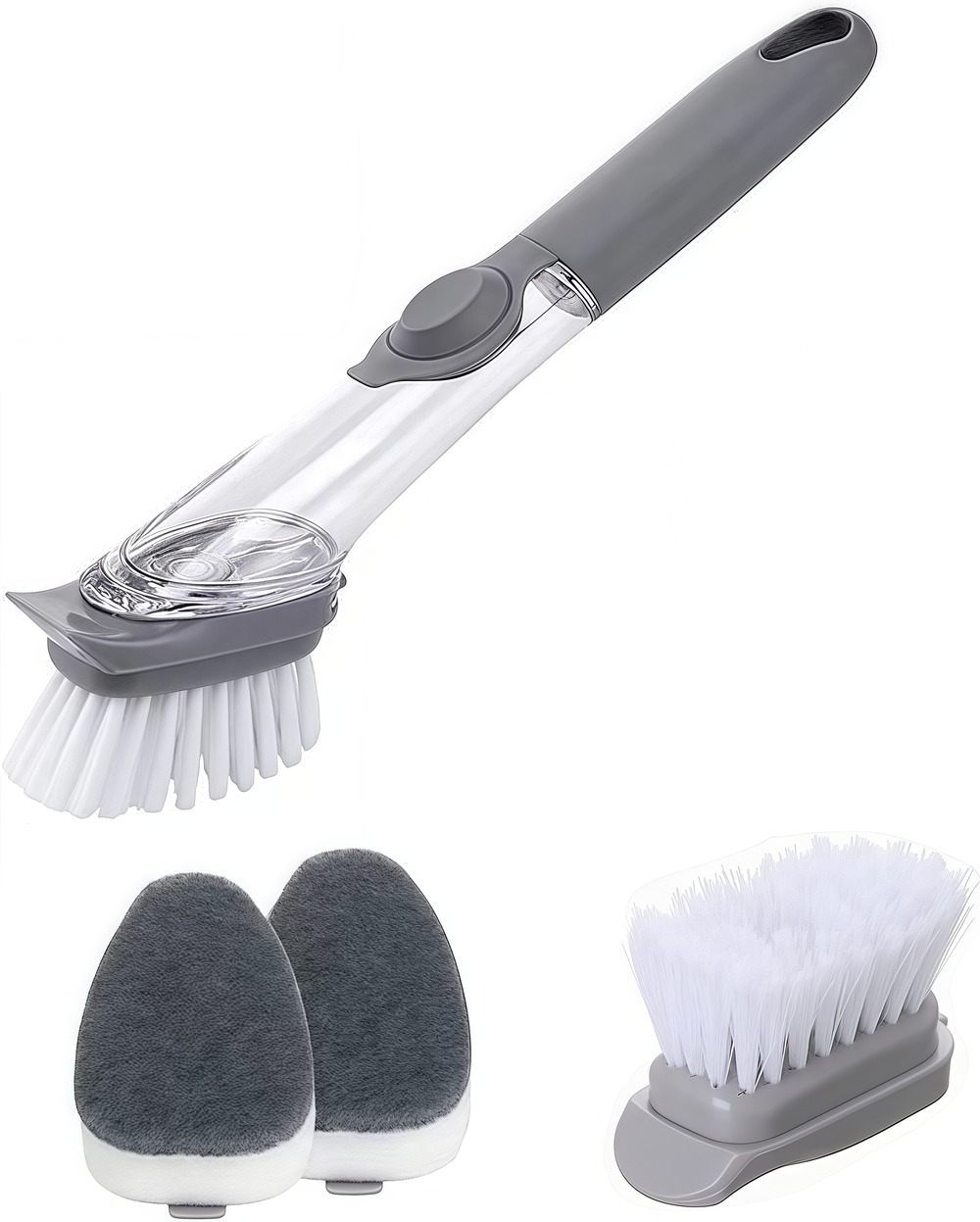 Brosse de nettoyage de cuisine 2 en 1 à long manche : avec distributeur d'éponge et brosse à vaisselle