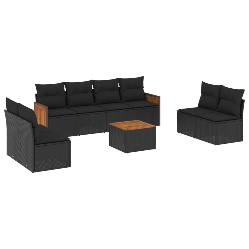 Salon de jardin 9 pcs avec coussins noir résine tressée