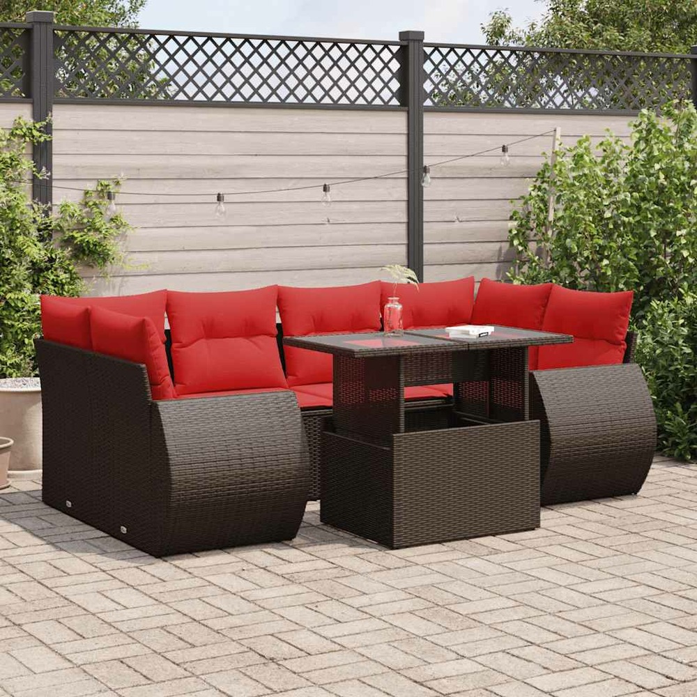 Salon de jardin avec coussins 7pcs marron résine tressée acacia