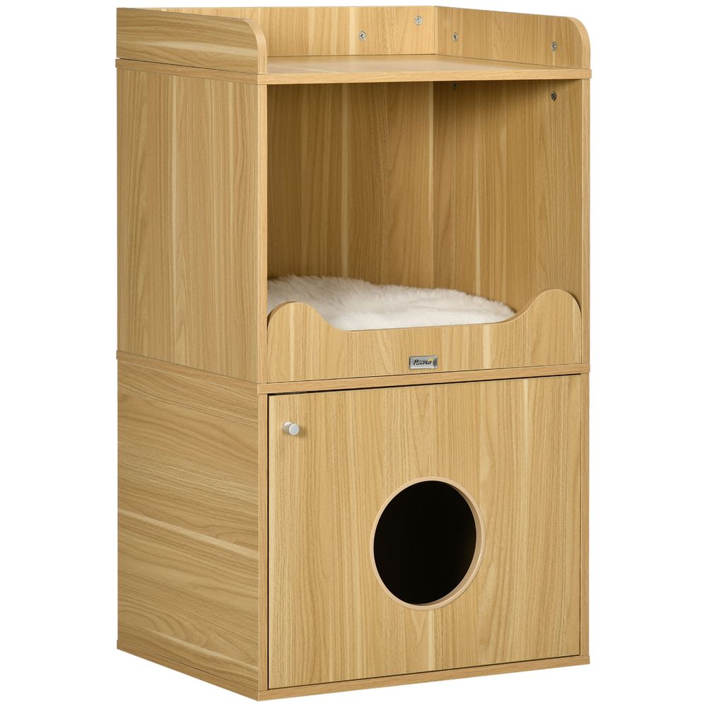 Meuble litière chat 3 niveaux bois pour petits espaces avec coussin amovible 60x45x103cm chêne